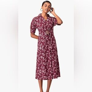 Maroon Leaf Buckled A-Line Dress Elegant Maroon Floral Dress